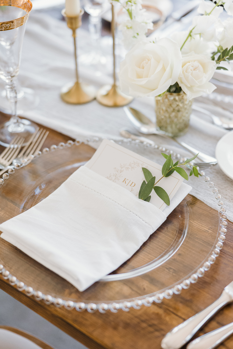 Hemstitch napkins are a wonderful and easy napkin choice for a rustic or relaxed-formal wedding style.  They're easy to fold and display menus beautifully.